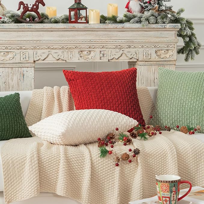 Kevin Textile Christmas Red Corduroy Decorative Throw Pillow Covers 16x16 Inch Pack of 2 Soft Boho Striped Pillow Covers Modern Farmhouse Home Decor for Sofa Living Room Couch Bed