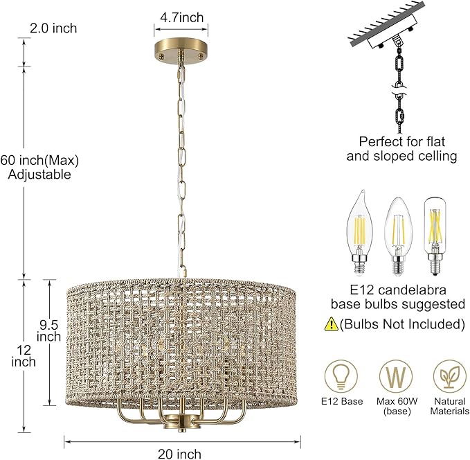 20" Rattan Hand-Woven Boho Chandelier for Dining Room, 6-Light Rattan Drum Wicker Farmhouse Large Vintage Chandelier Pendant Light Fixture for Kitchen Island Entryway(Gold)