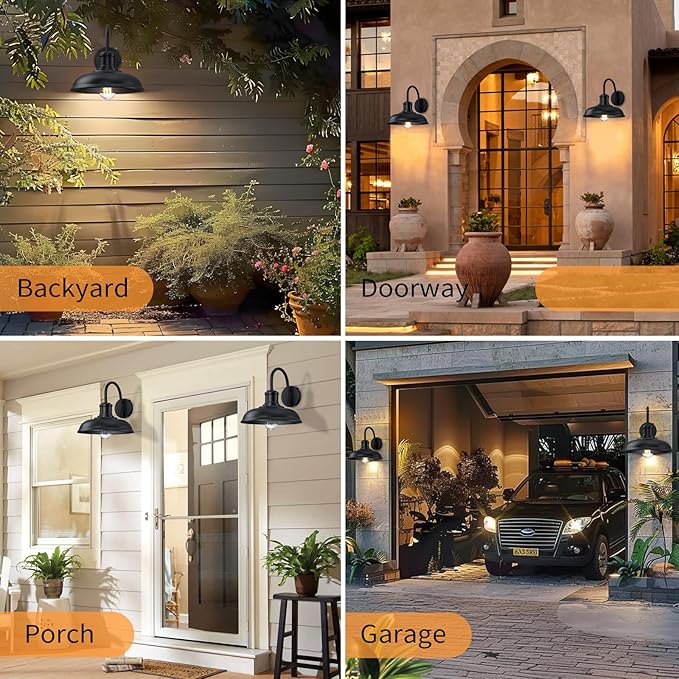 12'' Diameter Large Dusk to Dawn Outdoor Gooseneck Barn Light, 2-Pack Outdoor Wall Sconce Farmhouse Exterior Light Wall Lighting Fixture Industrial Black Wall Lantern for Porch, Garage, Black