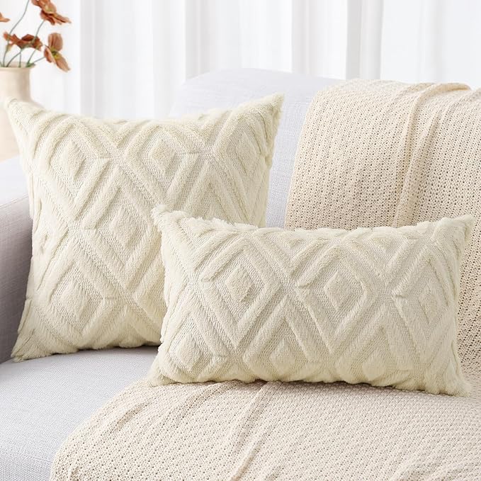 decorUhome Couch Throw Pillow Covers 26x26 Set of 2, Decorative Soft Plush Faux Wool Neutral Accent Pillow Covers for Bed Sofa Living Room, Beige