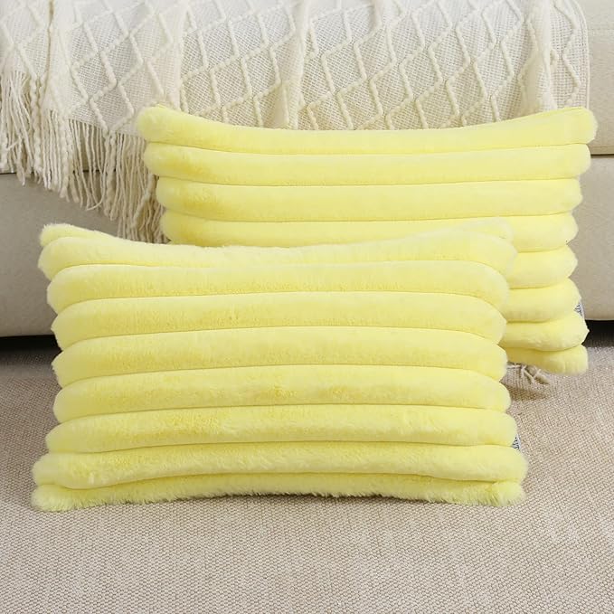 FUTEI Yellow Striped Decorative Throw Pillow Covers 12x20 Inch Set of 2,Rectangle Winter Decorations Couch Lumbar Pillowcase,Soft Cozy Faux Rabbit Fur & Velvet Back,Modern Home Decor for Bed