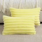 FUTEI Yellow Striped Decorative Throw Pillow Covers 12x20 Inch Set of 2,Rectangle Winter Decorations Couch Lumbar Pillowcase,Soft Cozy Faux Rabbit Fur & Velvet Back,Modern Home Decor for Bed