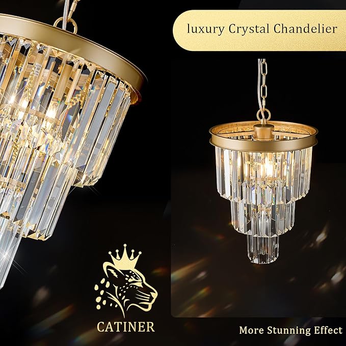 Modern Crystal Pendant Light for Kitchen Island, Mini Gold Crystal Light Fixture Luxury for Dining Room, K9 Ceiling Pendant Light 3 Tiers for Hallway Bedroom Closet