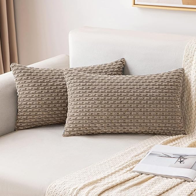 MIULEE Pack of 2 Decorative Lumbar Throw Pillow Covers 12x20 Inch Soft Boho Striped Textured Corduroy Pillow Covers Modern Farmhouse Home Decor for Couch Bed Sofa Living Room Neutral Light Brown