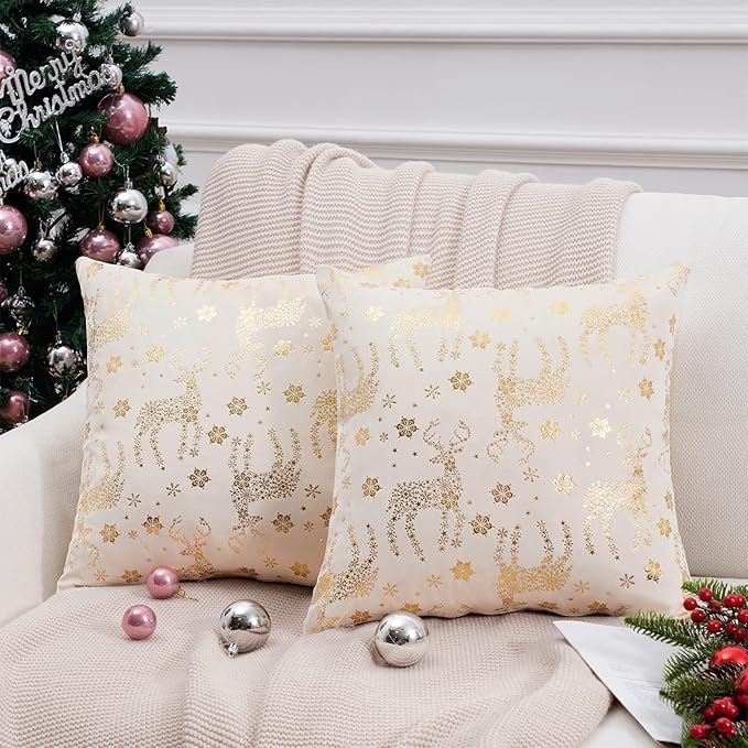 Topfinel Christmas Pillow Covers 24x24 Set of 2,Xmas Cream Velvet Snowflake Reindeer Decorative Pillow Case Winter Holiday Decor for Home Couch,White and Gold