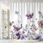 Sanzugh Purple Floral Shower Curtain, Cute Boho Watercolor Flower Wildflower Leaves Butterfly White Fabric Shower Curtains Set for Bathroom Decorative with Hooks 72 X 72 inch Spring Bath Decor