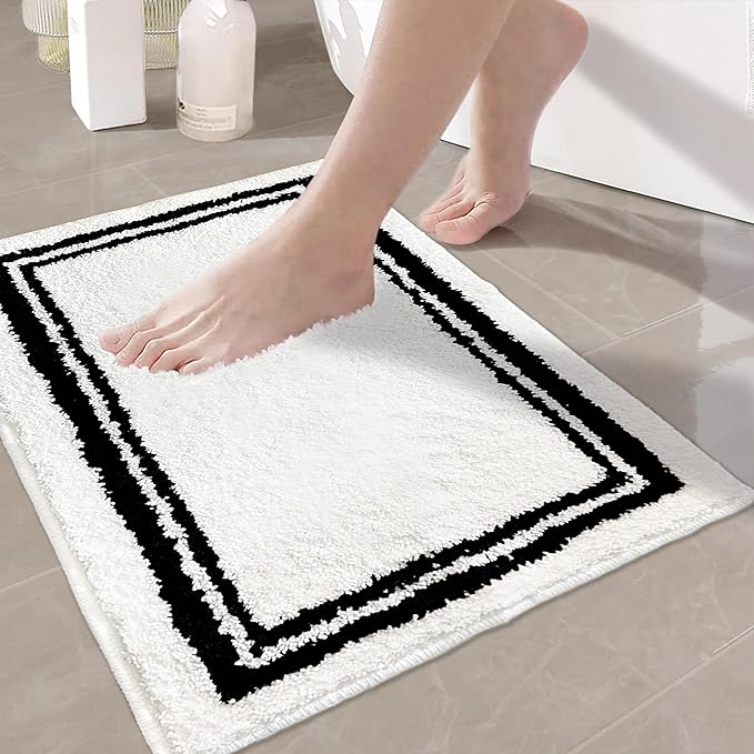 Tititex Luxury White Black Frame Line Bathroom Rug, 20x32 inch Extra Soft and Absorbent Microfiber Bath Rugs, Non-Slip Plush Shaggy Bath Carpet, Bath Mats for Bathroom Floor, Tub and Shower