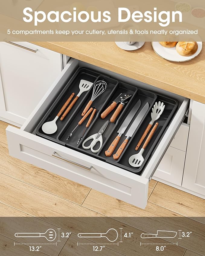 Aujen Silverware Organizer - Expandable Utensil Drawer Organizer with Non-Slip Pads, Adjustable Kitchen Drawer Organizer For Home, Apartment and Kitchen Essentials, Black, 13.6" x 1.4" x 11.0"~19.9"