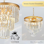 Gold Crystal Chandeliers 16" Modern 6-Light Small Pendant Light Luxury 3 Tiers K9 Crystal Ceiling Pendant Round Light Fixture for Dining Room Entryway Kitchen Bedroom Closet