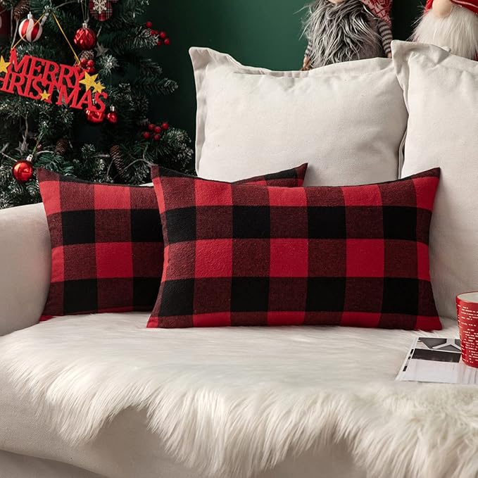 MIULEE Pack of 2 Christmas Classic Farmhouse Buffalo Check Plaids Polyester Linen Soft Solid Black and Red Decorative Porch Throw Pillow Covers Home Decor Cushion Case for Sofa Bedroom 12 x 20 Inch
