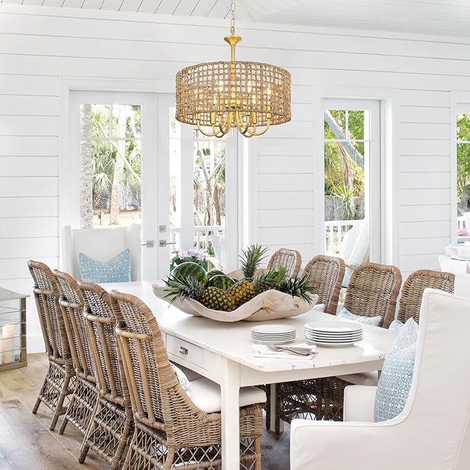 LynPon 17.7" Gold Rattan Chandelier Light Fixture, 6 Lights Boho Rattan Light Fixture with Hand Woven Wicker Shade, Farmhouse Vintage Chandelier for Dining Room Living Room Kitchen Bedroom Entryway
