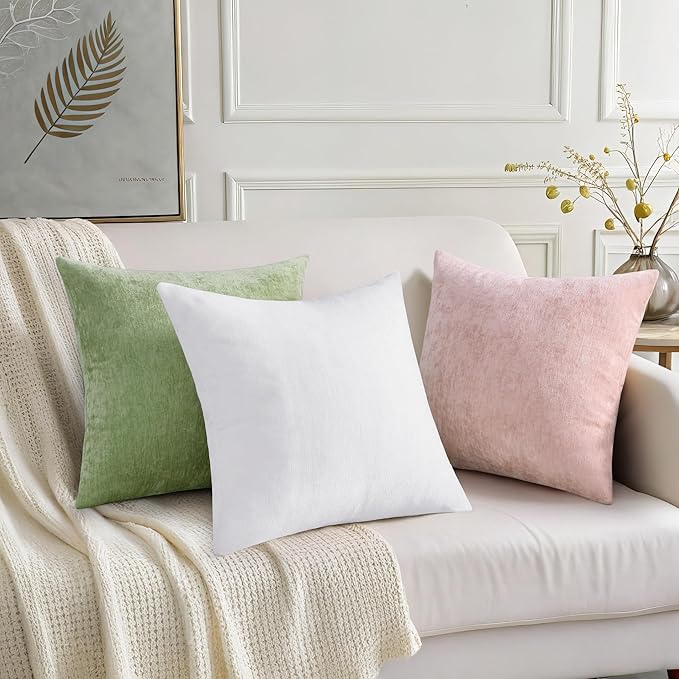 decorUhome Chenille Blush Pink Throw Pillow Covers 16x16 Inch Set of 2, Decorative Soft Couch Pillow Covers Solid Dyed Accent Velvet Farmhouse Neutral Square Pillow Cases for Sofa Bed Living Room