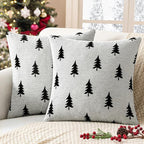 MIULEE Christmas Decorative Chenille Throw Pillow Covers, 18x18 Inch, White Black Tree, Set of 2 Cute Trees with Plaid Patterns Pillows for Sofa Couch Bedroom Chair Xmas Home Decor