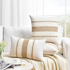 Fancy Homi Set of 2 Boho Neutral Big Decorative Throw Pillow Cover 24x24 Inch for Couch Bed Bedroom, Aesthetic Modern Organic Farmhouse Room Decor, Soft Cotton Accent Macrame Woven Tan Cushion Case