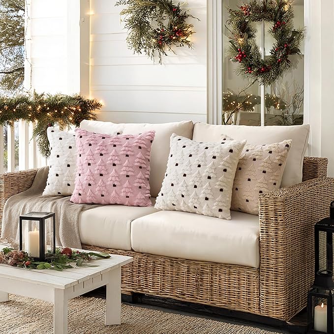 MIULEE Christmas Tree Decorative Pillow Covers Faux Fur Wool Throw Pillows Soft Plush Cushion Covers Set of 2 Xmas Home Decor Winter Holiday for Sofa Couch Livingroom Bed 20x20 Inch Cream