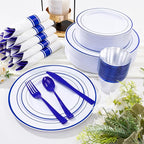 WELLIFE 210 Piece Blue Disposable Dinnerware Set,Plastic Plates for Party, Include: 30 Dinner Plates, 30 Dessert Plates, 30 Pre Rolled Napkins with Gold Silverware and 30 Gold Cups