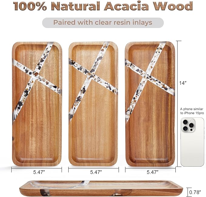 Anyvape Acacia Wood Serving Trays with Resin Inlay – 3-Piece Wooden Charcuterie Boards Set for Cheese, Fruit, Appetizers, Durable Kitchen Platters & Home Decor (14 x 5.5 x 0.78 Inches)