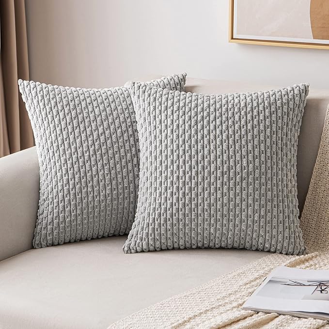 MIULEE Pack of 2 Decorative Throw Pillow Covers 24x24 Inch Soft Boho Striped Textured Corduroy Pillow Covers Modern Farmhouse Home Decor for Couch Bed Sofa Living Room Light Grey