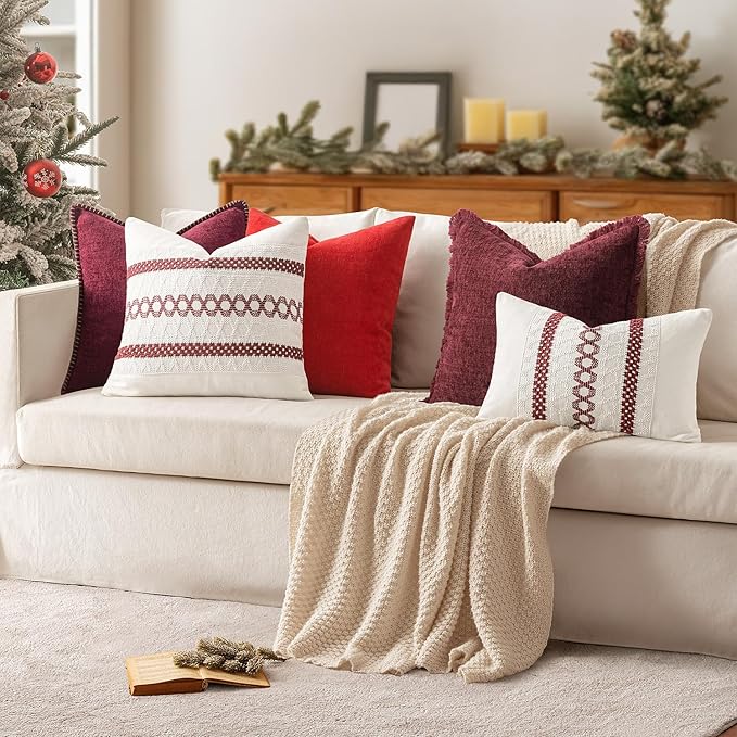 MIULEE Set of 2 Christmas Burgundy Boho Decorative Pillow Covers 18x18 Inch Farmhouse Rustic Couch Throw Pillows Modern Cotton Cushion Covers Retro Cute Macrame Woven Home Decor for Bed Sofa Chair