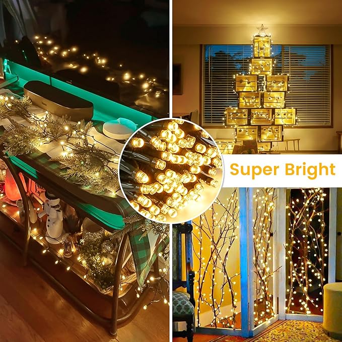 Connectable 100LED 42Ft 13Modes Christmas String Lights Outdoor Indoor | Extendable Green Wire Warm White Christmas Tree Lights with Timer | Twinkle Fairy Light Plug in for Xmas Tree (Warm White)