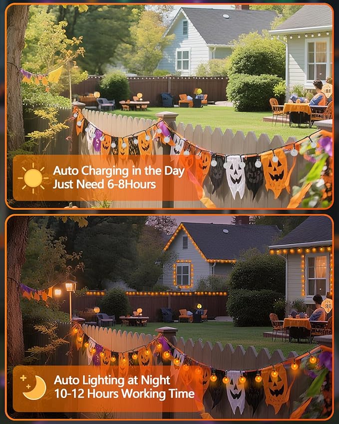 LORRYTE 2-Pack 100 LED Orange Solar Halloween Lights Outdoor - 64FT Waterproof Solar Globe String Lights with 8 Lighting Modes, Solar Outdoor Halloween Decorations for Tree Garden Patio Party