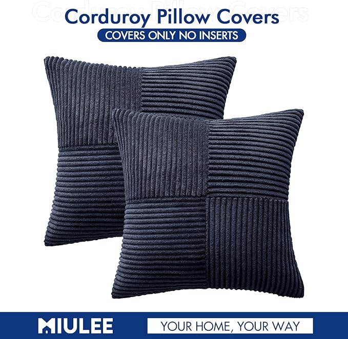 MIULEE Dark Blue Corduroy Pillow Covers Pack of 2 Boho Decorative Spliced Throw Pillow Covers Soft Solid Couch Pillowcases Cross Patchwork Textured Cushion Covers for Living Room Bed Sofa 20x20 inch