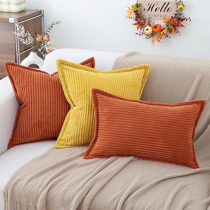 Mecatny Corduroy Fall Throw Pillow Covers 12x20 Set of 2, Neutral Decorative Soft Burnt Orange Boho Lumbar Couch Pillow Covers with Broadside for Sofa Living Room, Rust