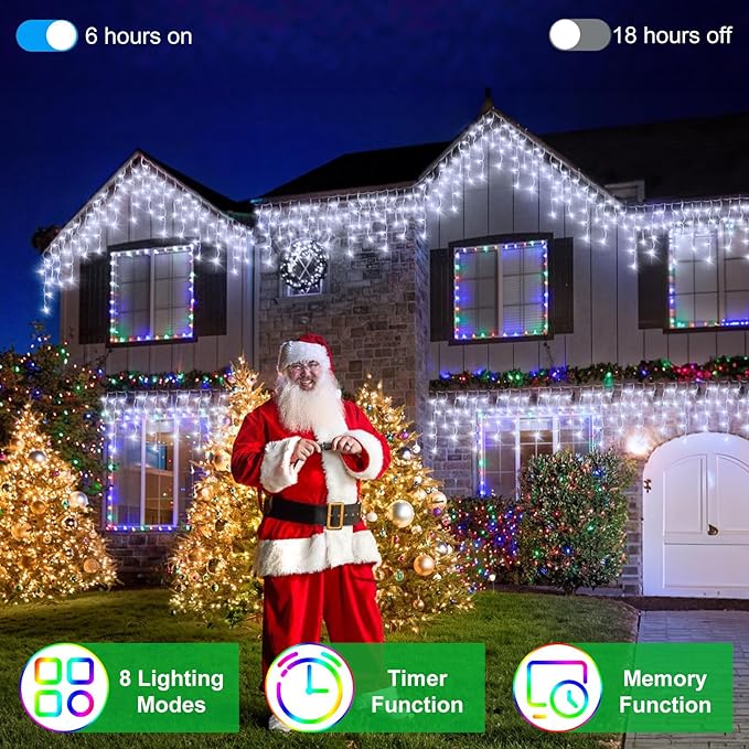 82ft 792 LED 176 Drops Christmas Lights, Outdoor Hanging lights with 8 Modes and Timer Memory, Plug In Outside Waterproof Curtain String Lights for House Fence Tree Holiday Decorations (Cool White)