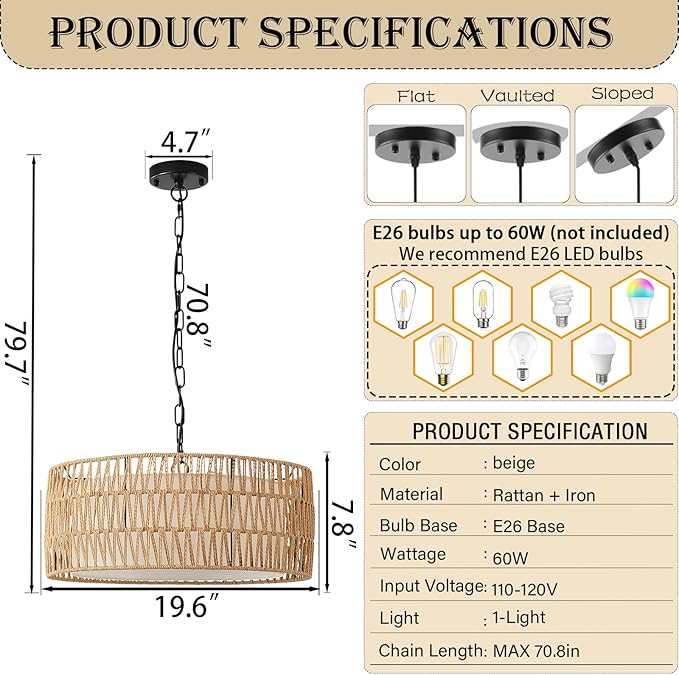 Farmhouse Rattan Chandelier Light Fixture, Boho Pendant Light Hand Woven Chandeliers for Dining Room with Fabric Shade, Large Wicker Coastal Pendant Light for Kitchen Bedroom Island Hallway