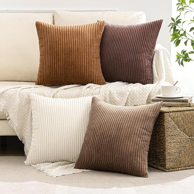 MIULEE Boho Farmhouse Fall Throw Pillow Covers 20x20 Inch Set of 4 Rustic Mordern Neutral Cushion Covers Soft Corduroy Nordic Home Decor for Couch Bed Sofa Living Room Brown