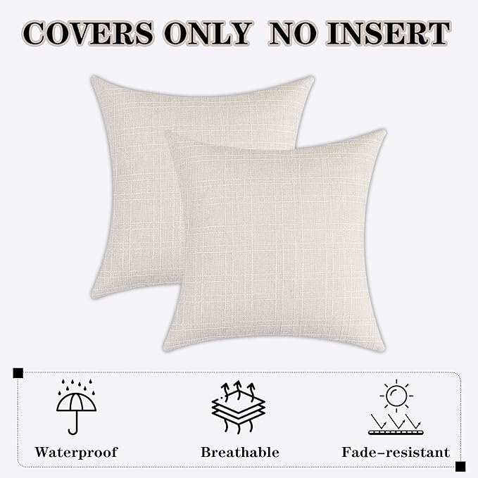 Kevin Textile Pack of 2 Decorative Outdoor Waterproof Pillow Covers Garden Cushion Sham Throw Pillowcase Shell for Patio Tent Couch 20x20 Inch Light Beige