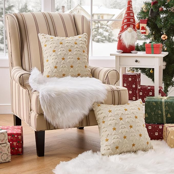 MIULEE Christmas Pillow Covers 18x18 Inch Set of 2, Beige Christmas Tree Plush Faux Fur Pillowcases Soft Decorative Throw Pillow Cases for Couch Sofa Living Room Winter Xmas Holiday Home Decor