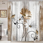 Rustic Farmhouse Shower Curtain, Farm Tan Cream Daisy Floral Flowers and Butterfly on Country Wooden Shower Curtain for Bathroom, Beige Brown Shower Curtain with 12PCS Hooks, 60X70IN