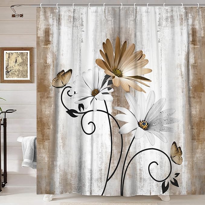 Rustic Farmhouse Shower Curtain, Farm Tan Cream Daisy Floral Flowers and Butterfly on Country Wooden Shower Curtain for Bathroom, Beige Brown Shower Curtain with 12PCS Hooks, 60X70IN