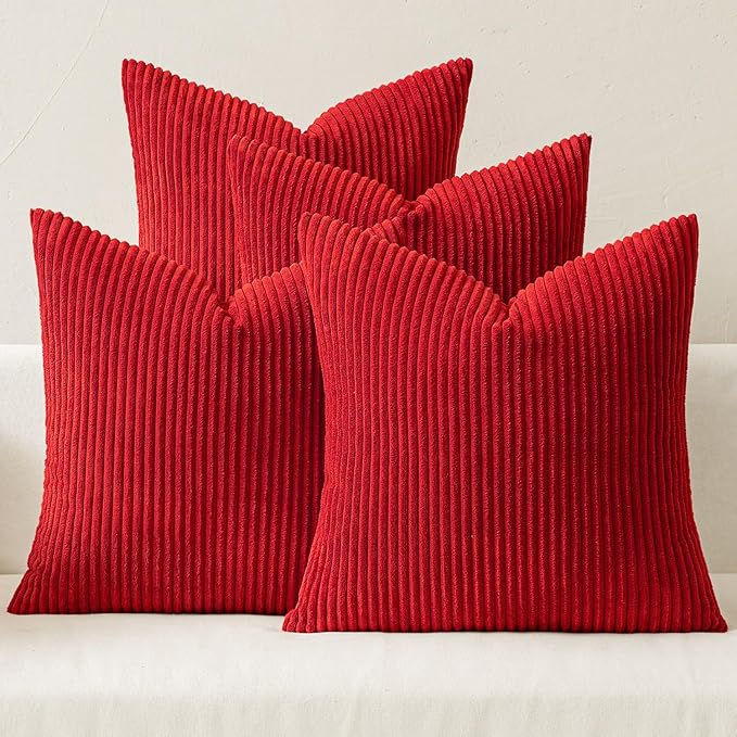 MIULEE Boho Farmhouse Throw Pillow Covers 16x16 Inch Set of 4 Mordern Nordic Cushion Covers Soft Corduroy Home Decor for Couch Bed Sofa Living Room Christmas Red