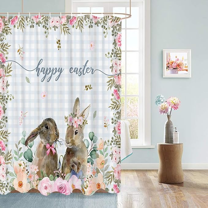 Rabbits Flowers Easter Shower Curtain, Eucalyptus Leaf Spring Shower Curtains Set with Hooks, Grey White Buffalo Plaid Waterproof Fabric Bathroom Curtains Decor Home Accessories,Stall 48 X 72 Inch