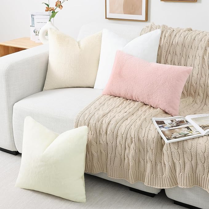 Pallene Faux Fur Plush Christmas Throw Pillow Covers 18x18 Set of 2, Soft Fluffy Couch Pillow Covers for Living Room, Cream White