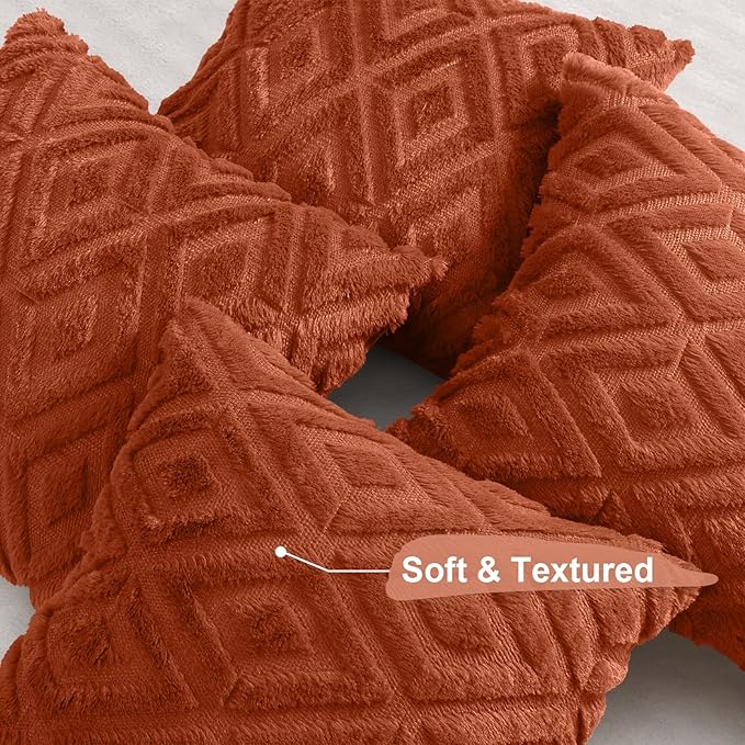 decorUhome Pack of 4 Faux Fur Fall Burnt Orange Throw Pillow Covers 18x18, Soft Decorative Couch Pillow Covers with Velvet Back for Modern Sofa Living Room, Rust