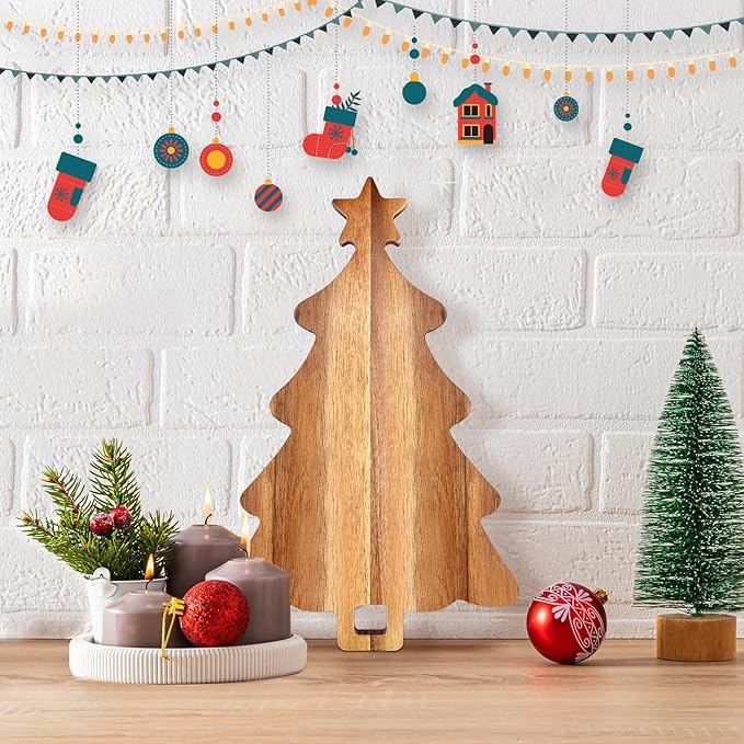 16.5" Wooden Christmas Tree Charcuterie Boards Acacia Wood Cutting Board with Handle Christmas Kitchen Decor Gifts Xmas Serving Cheese Board Festive Decorative Food Tray Holiday Xmas Tree Platters