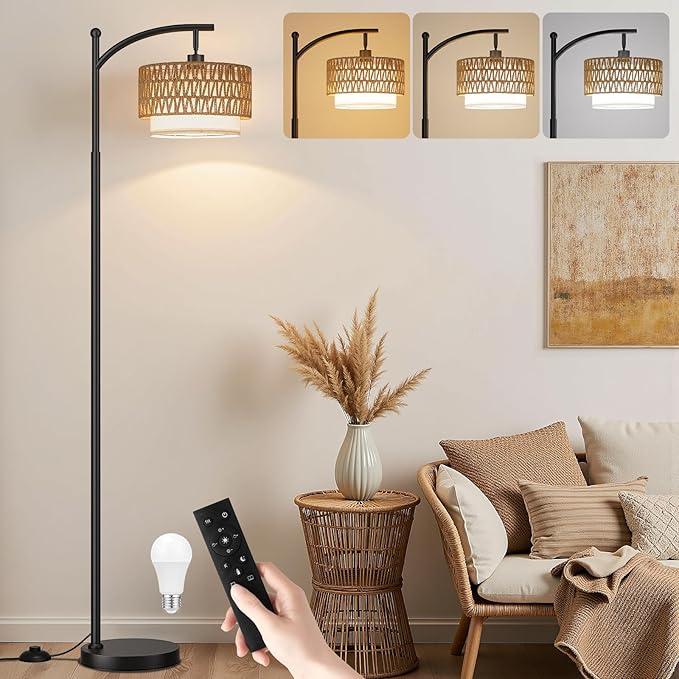 Ambimall Arc Floor Lamp for Living Room with Remote, Color Temperature & Brightness Adjustable, Boho Standing Lamp with Rattan & Fabric Double Drum Shades, Bulb Included(Black)