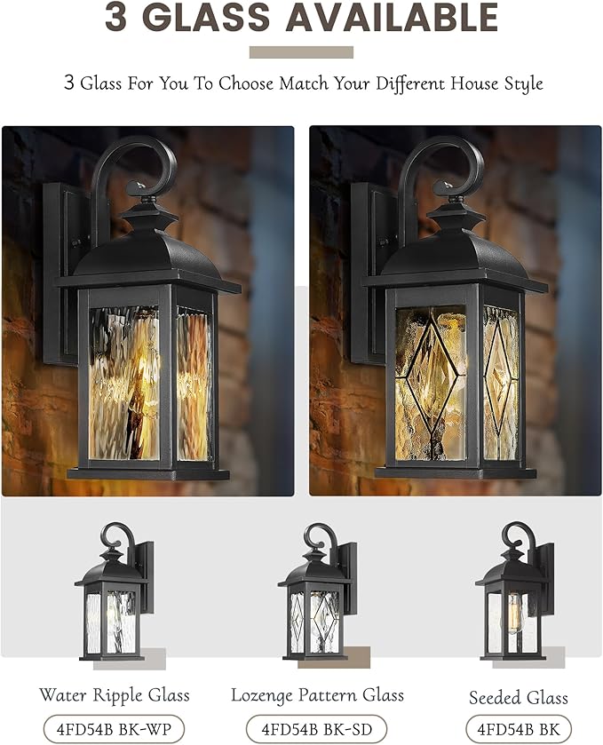 FEMILA 2 Packs Outdoor Waterproof Wall Lights Fixture, 15" Wall Lantern for Porch, Anti-Rust Matte Black Finish with Water Ripple Glass,4FD54B-2PK BK-WP