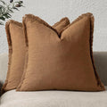 Foindtower Set of 2 Decorative Linen Fringe Throw Pillow Covers Boho Farmhouse Cushion Cover with Tassels Soft Accent Pillowcase for Couch Sofa Bed Living Room Home Decor,22×22 Inch,Orange Brown