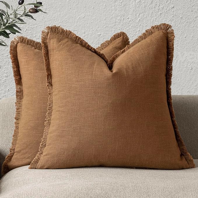 Foindtower Set of 2 Decorative Linen Fringe Throw Pillow Covers Cozy Boho Farmhouse Cushion Cover with Tassels Soft Accent Pillowcase for Couch Sofa Bed Living Room Home Decor, 26×26 Inch,Orange Brown