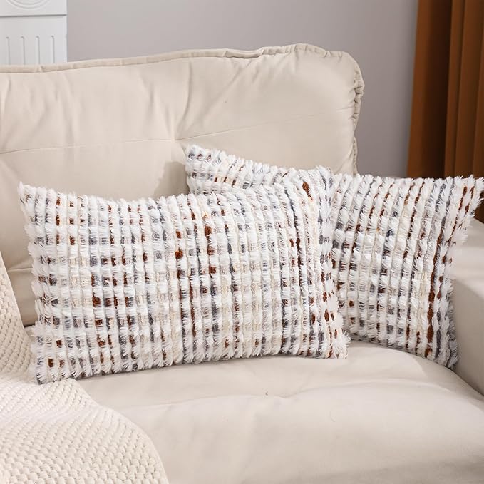 LUOYEHK Boho Throw Pillow Covers 12x20 Inch Set of 2 Farmhouse Neutral Pillow Covers Chenille Tufted Pillowcase for Couch Sofa Bed Living Room, Brown White