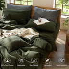 MooMee Bedding Duvet Cover Set 100% Washed Cotton Linen Like Textured Breathable Durable Soft Comfy (Solid Olive Green, Palatial King/Oversized King 120"x98")