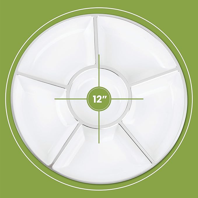 Plasticpro 6 Sectional Round Plastic Serving Tray/Platters White & Silver Pack of 4