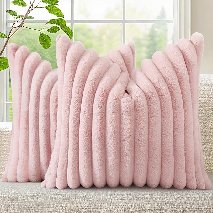 decorUhome Faux Fur Throw Pillow Covers 18x18 Set of 2, Decorative Soft Plush Striped Neutral Couch Euro Pillow Covers with Velvet Back for Sofa, Bed, Living Room Home Decor, Pink