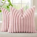 decorUhome Faux Fur Throw Pillow Covers 22x22 Set of 2, Decorative Soft Plush Striped Neutral Couch Euro Pillow Covers with Velvet Back for Sofa, Bed, Living Room Home Decor, Pink
