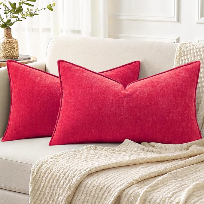 decorUhome Christmas Couch Throw Pillow Covers 12x20 Set of 2, Decorative Soft Euro Neutral Chenille Lumbar Pillow Covers with Elegant Design for Sofa Bed Living Room Home Decor, Red