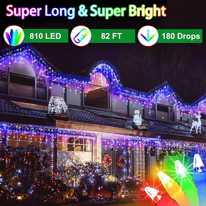 82FT 810 LED Outdoor Christmas Lights - 180 Ice Drops, 12 Modes with Timer Memory Dimmable, Waterproof Hanging Ice String Light for Holiday Wedding Garden Fence House Tree Outside Decor (Multicolor)